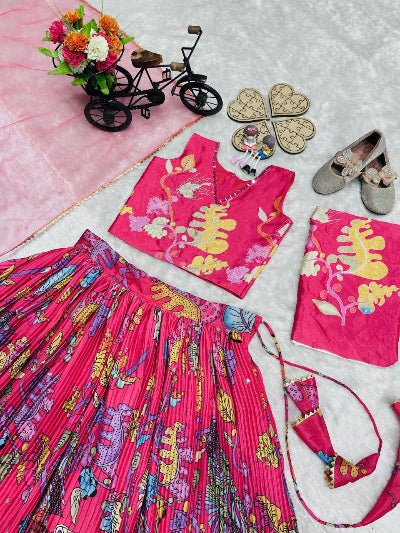 Kids Dark Pink Printed Embroidery Work Lehenga Choli Set - BONYHUBLehangas