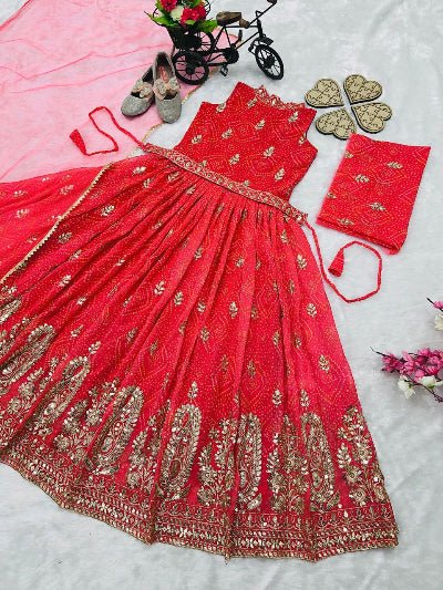 Kids Pink Red Georgette Sequins Work Lehenga Choli Set - BONYHUBLehangas