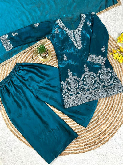 Kids Teal Silk Kurta Embroidered Palazzo Dupatta Set