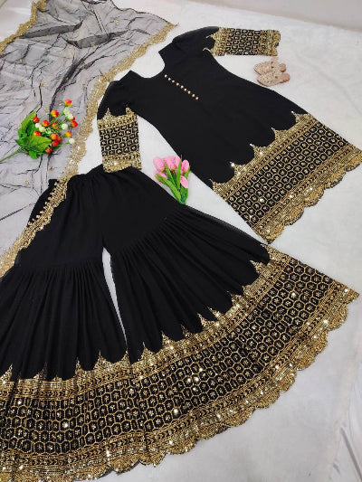 Partywear Black Gold Georgette Sharara Suit
