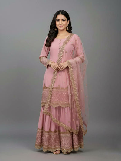 Pastel Blush Pink Gold Georgette Sharara Suit