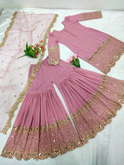Pastel Blush Pink Gold Georgette Sharara Suit