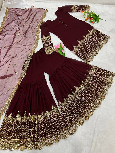 Partywear Maroon Gold Georgette Sharara Suit