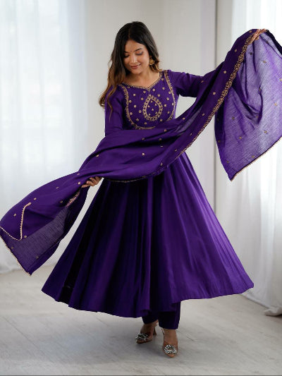 Royal Purple Chanderi Silk Handwork Anarkali Suit