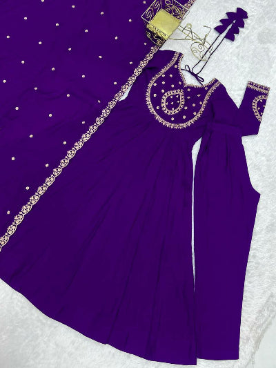 Royal Purple Chanderi Silk Handwork Anarkali Suit