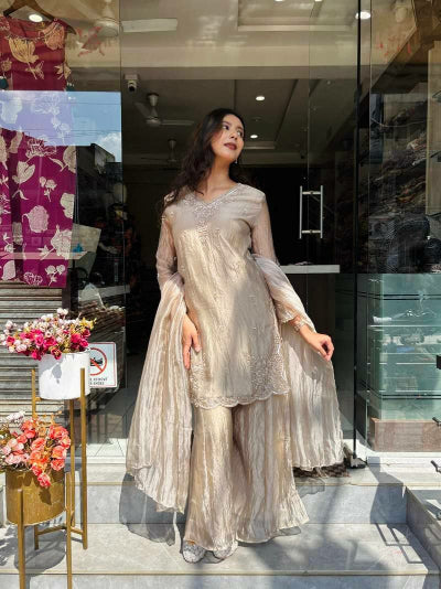 Soft Ivory Beige Tissue Silk Sharara Palazzo Suit