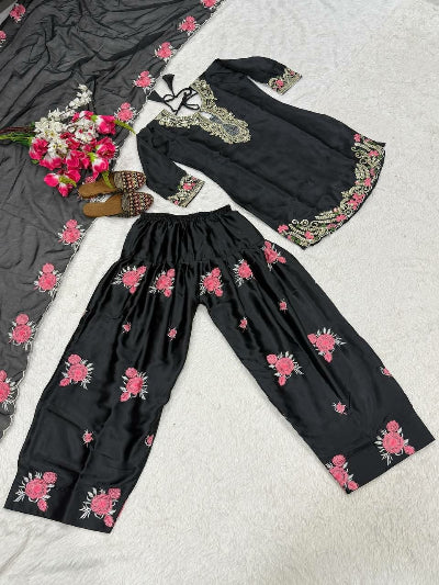 Black Floral Embroidered Farshi Salwar Suit Set