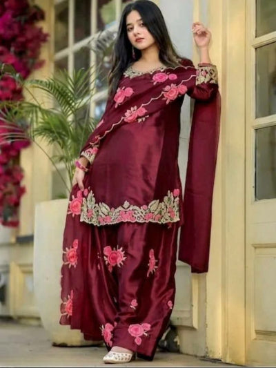 Maroon Floral Embroidered Farshi Salwar Suit Set