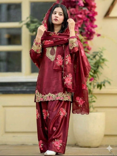 Maroon Floral Embroidered Farshi Salwar Suit Set