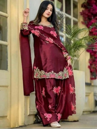 Maroon Floral Embroidered Farshi Salwar Suit Set