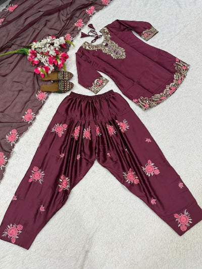 Maroon Floral Embroidered Farshi Salwar Suit Set