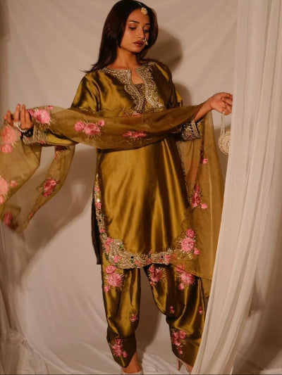 Olive Gold Embroidered Farshi Salwar Suit Set