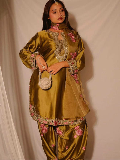 Olive Gold Embroidered Farshi Salwar Suit Set