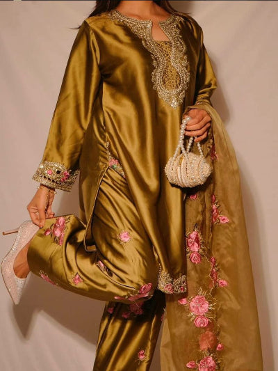 Olive Gold Embroidered Farshi Salwar Suit Set