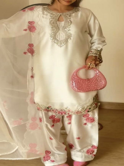 Off White Floral Embroidered Farshi Suit UK Next Day