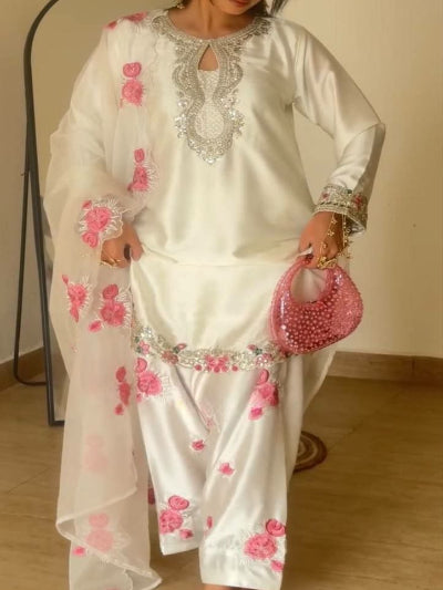 Off White Floral Embroidered Farshi Suit UK Next Day