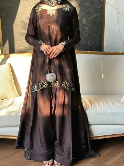 Chocolate Brown Embroidered Farshi Salwar Suit Set