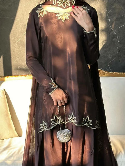Chocolate Brown Embroidered Farshi Salwar Suit Set