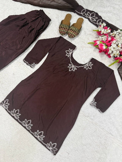 Chocolate Brown Embroidered Farshi Salwar Suit Set