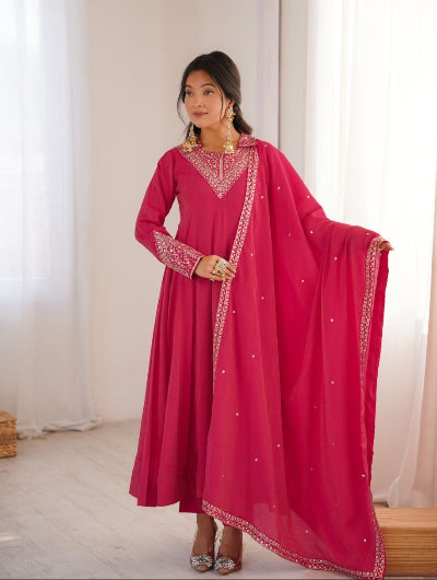Pink Roman Silk Modest Embroidered Anarkali Suit Set