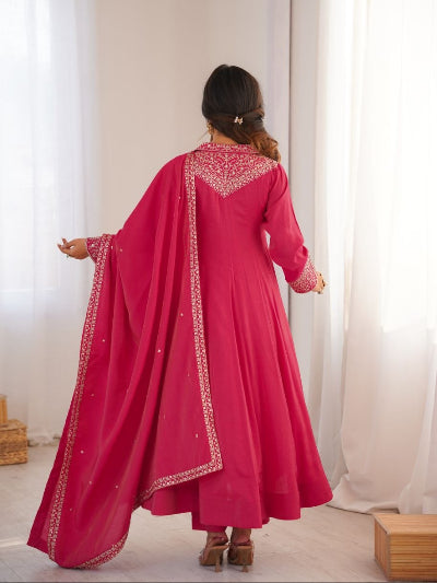 Pink Roman Silk Modest Embroidered Anarkali Suit Set