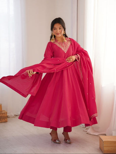 Pink Roman Silk Modest Embroidered Anarkali Suit Set