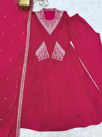 Pink Roman Silk Modest Embroidered Anarkali Suit Set