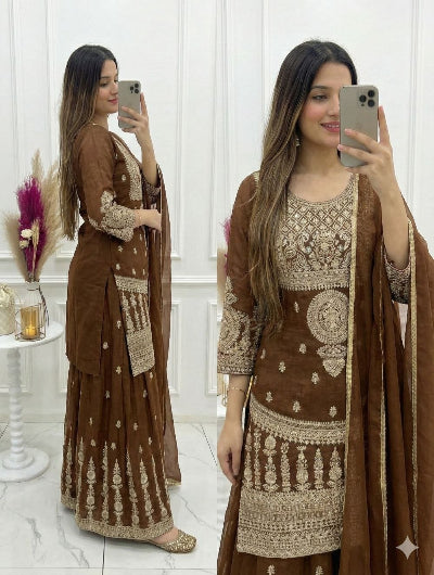 Brown Crunchy Silk Zari Embroidered Sharara Suit