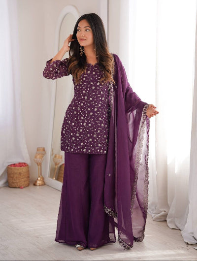 Purple Embroidered Kurta with Bell Bottom Pant &amp; Dupatta