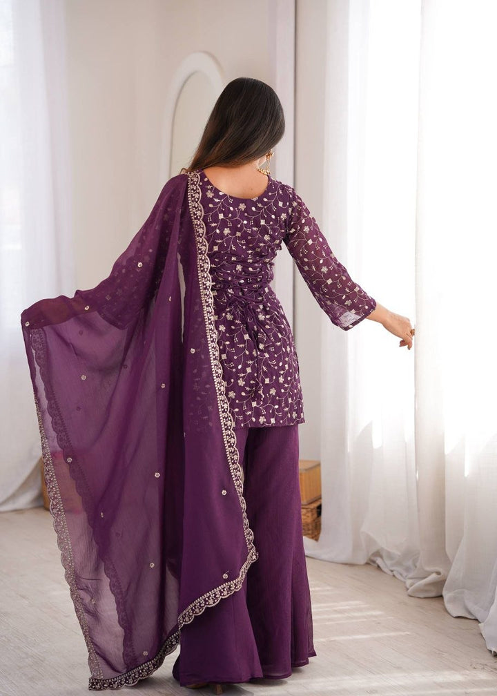 Purple Embroidered Kurta with Bell Bottom Pant &amp; Dupatta