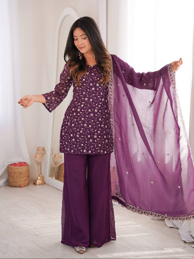 Purple Embroidered Kurta with Bell Bottom Pant &amp; Dupatta