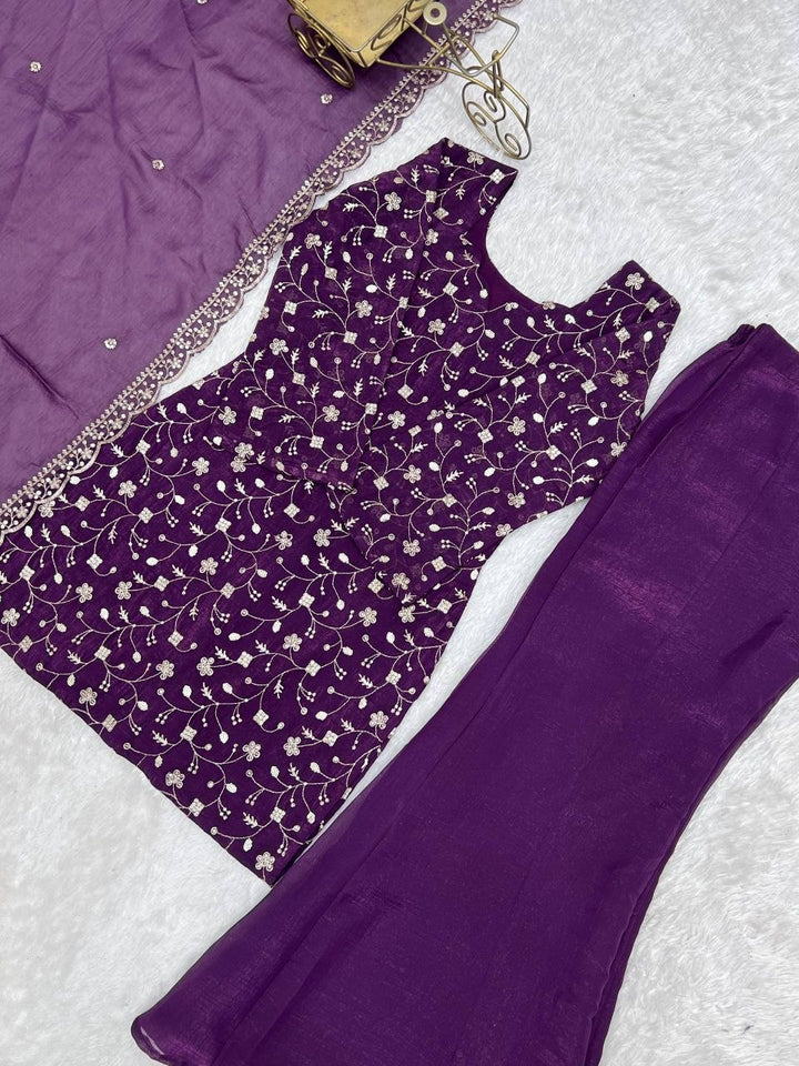 Purple Embroidered Kurta with Bell Bottom Pant &amp; Dupatta