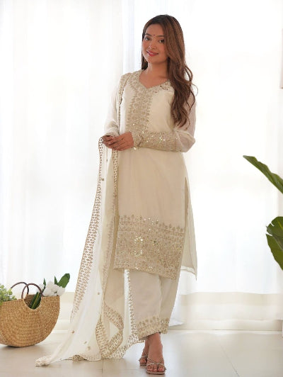 White Chinon Silk Sequence &amp; Zari Work Ethnic Straight Suit