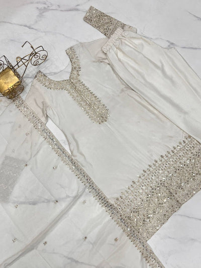 White Chinon Silk Sequence &amp; Zari Work Ethnic Straight Suit