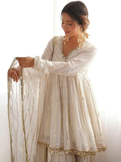 White Gold Chanderi Embroidery Kurti Sharara Suit Set - BONYHUBSALWAR KAMEEZ