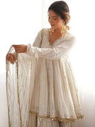 White Gold Chanderi Embroidery Kurti Sharara Suit Set - BONYHUBSALWAR KAMEEZ