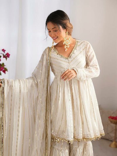 White Gold Chanderi Embroidery Kurti Sharara Suit Set - BONYHUBSALWAR KAMEEZ