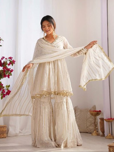 White Gold Chanderi Embroidery Kurti Sharara Suit Set - BONYHUBSALWAR KAMEEZ