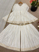White Gold Chanderi Embroidery Kurti Sharara Suit Set - BONYHUBSALWAR KAMEEZ