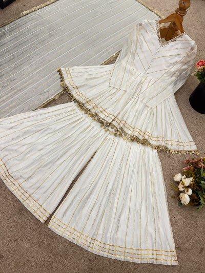 White Gold Chanderi Embroidery Kurti Sharara Suit Set - BONYHUBSALWAR KAMEEZ