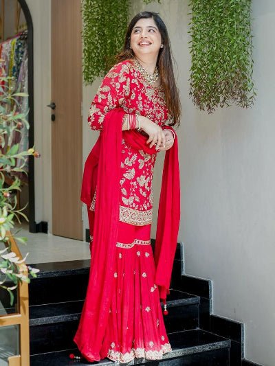 Red Luxe Embroidery Georgette Sharara Suit Set - BONYHUBSALWAR KAMEEZ