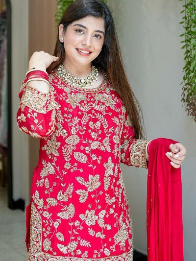 Red Luxe Embroidery Georgette Sharara Suit Set - BONYHUBSALWAR KAMEEZ