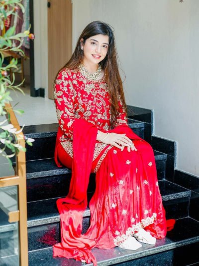 Red Luxe Embroidery Georgette Sharara Suit Set - BONYHUBSALWAR KAMEEZ