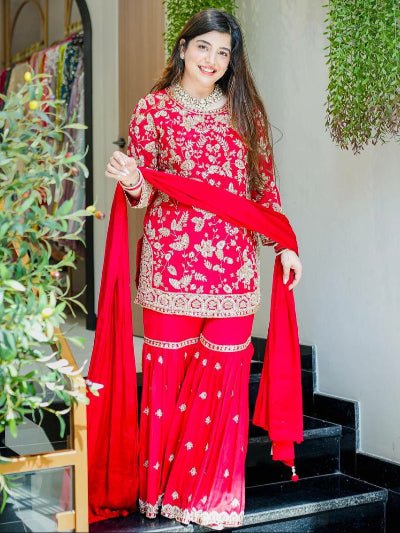 Red Luxe Embroidery Georgette Sharara Suit Set - BONYHUBSALWAR KAMEEZ