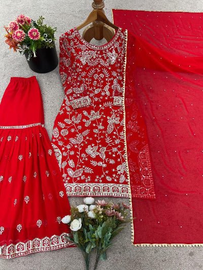 Red Luxe Embroidery Georgette Sharara Suit Set - BONYHUBSALWAR KAMEEZ