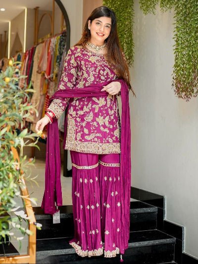 Mulberry Plum Luxe Embroidery Georgette Sharara Suit Set - BONYHUBSALWAR KAMEEZ