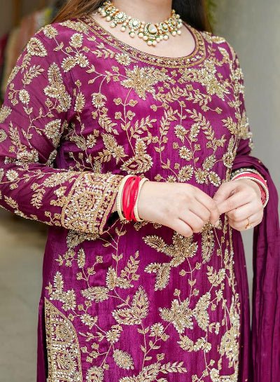 Mulberry Plum Luxe Embroidery Georgette Sharara Suit Set - BONYHUBSALWAR KAMEEZ