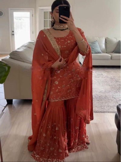 Orange Georgette Embroidery work Full Sleeves Sharara Suit - BONYHUBSALWAR KAMEEZ