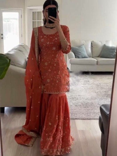 Orange Georgette Embroidery work Full Sleeves Sharara Suit - BONYHUBSALWAR KAMEEZ