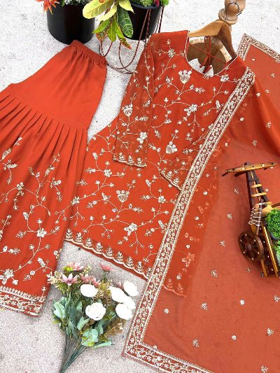 Orange Georgette Embroidery work Full Sleeves Sharara Suit - BONYHUBSALWAR KAMEEZ